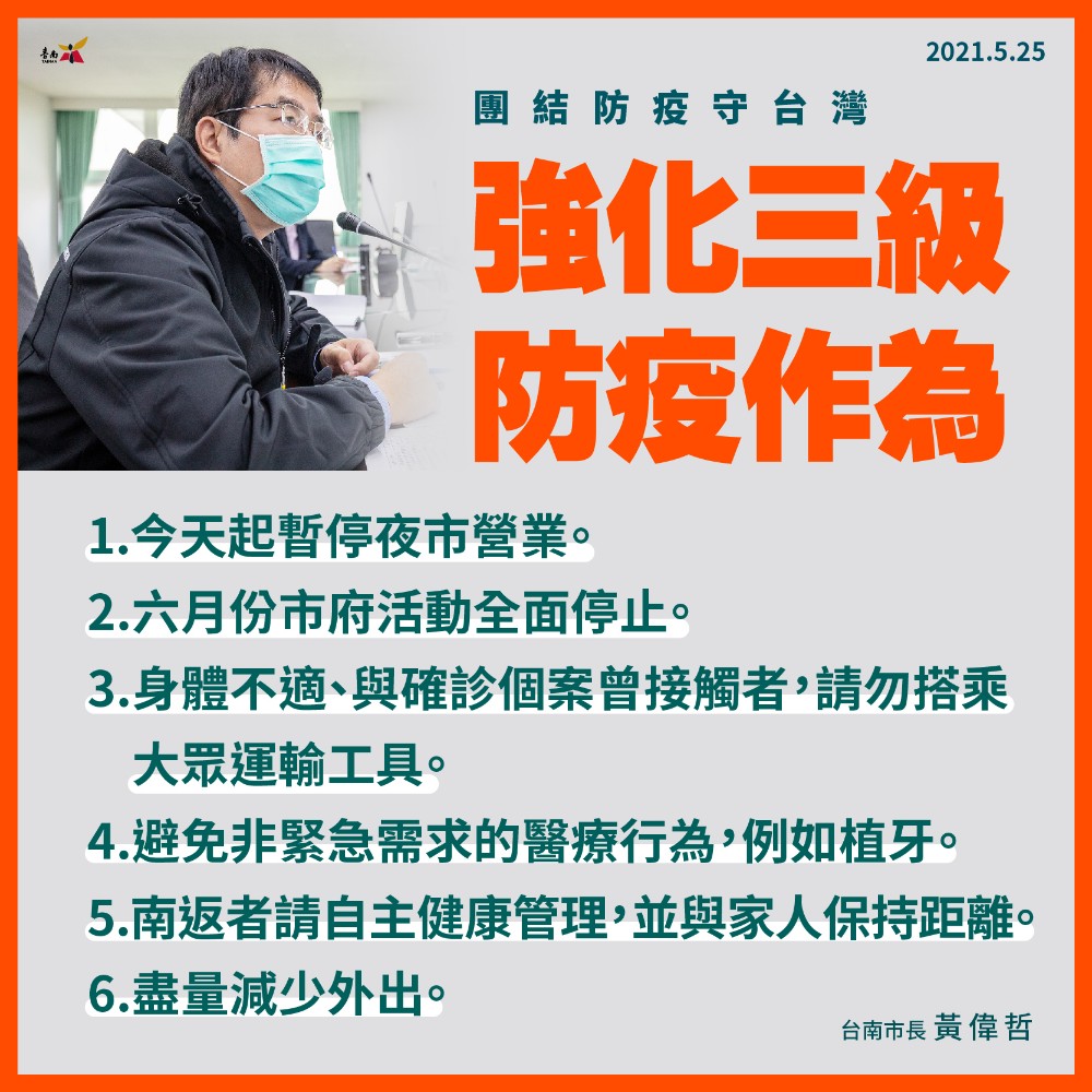台南市政府宣佈5/25起台南夜市全面暫停營業，直至中央政府宣佈解除三級警戒！