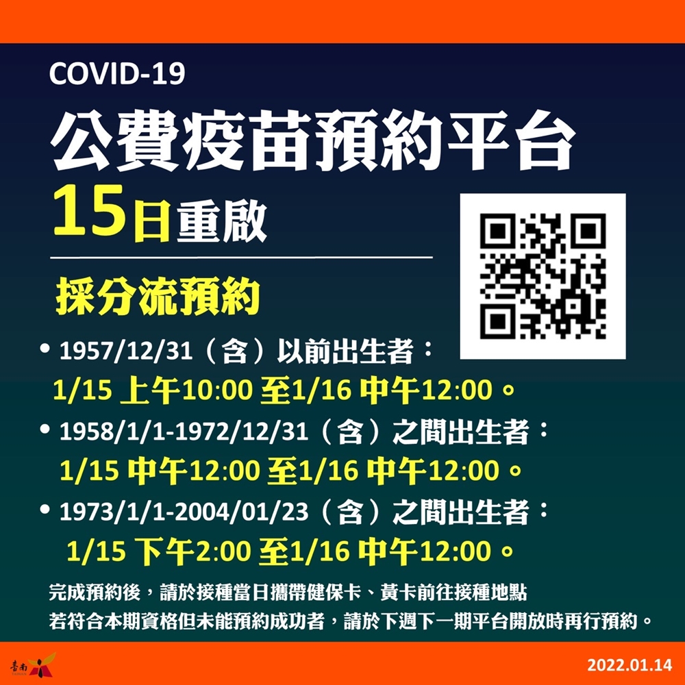 【台南資訊】COVID-19疫苗預約平台1/15開放重啟，提供第3劑分流預約