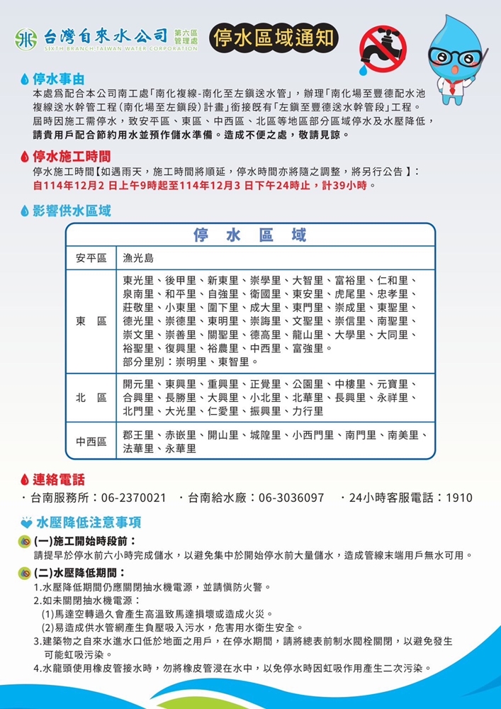 【台南停水】台南12/2停水39小時，台南這幾區記得儲水備用~